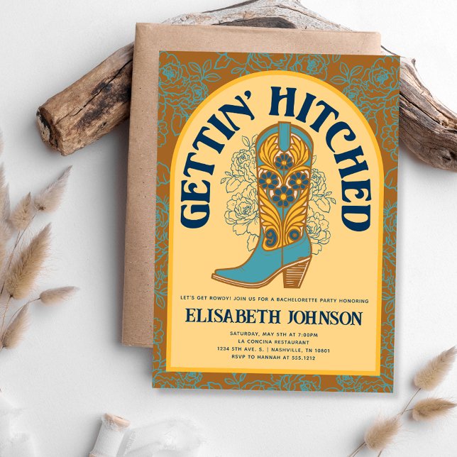 Cowboy Boot Gettin' Hitched Bachelorette Party  Invitation (Cowboy Boot Gettin' Hitched Bachelorette Party Invitation)