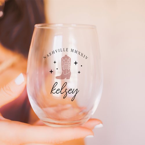 Cowboy Boot Personalized Bachelorette Party Stemless Wine Glass