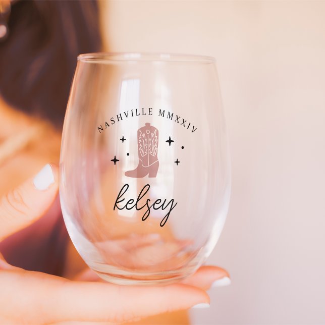 Cowboy Boot Personalized Bachelorette Party Stemless Wine Glass (Creator Uploaded)