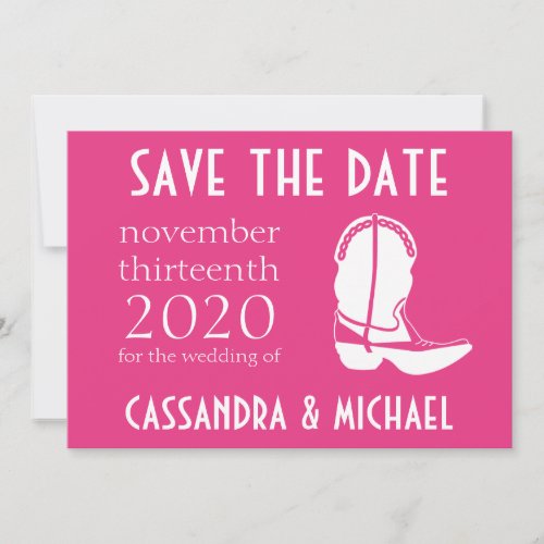 Cowboy Boot Save The Date Announcement Dark Pink