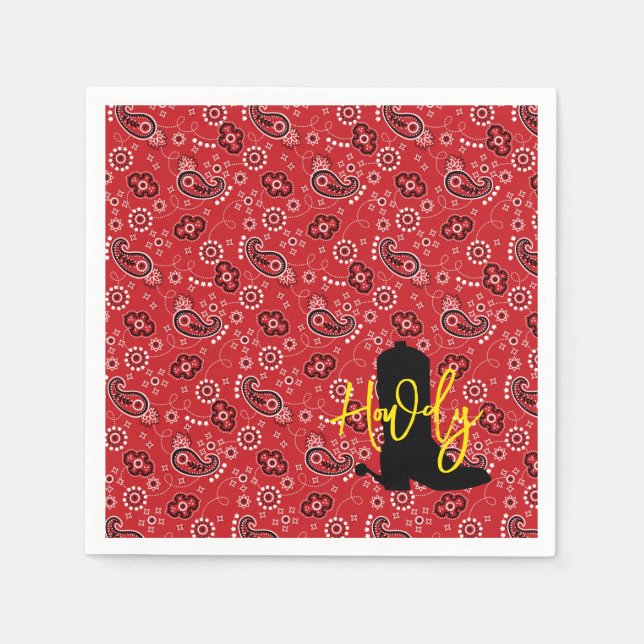 Cowboy Boot Spurs Silhouette HOWDY red bandana Napkins (Front)