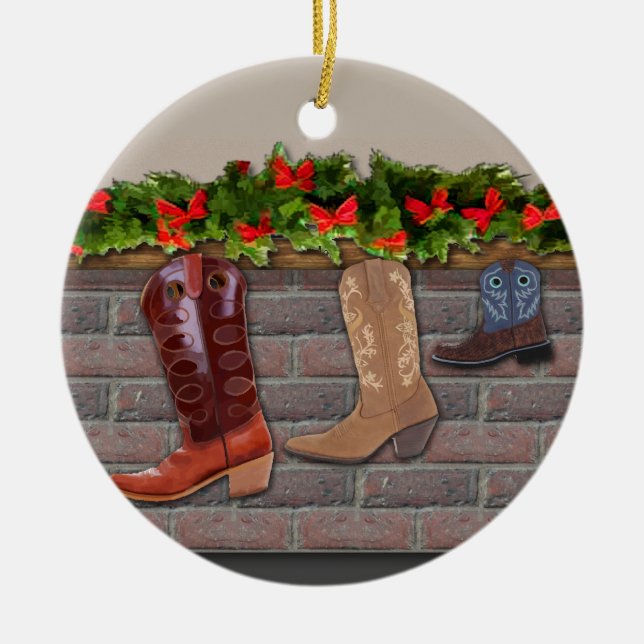 Cowboy Boot Stockings by the Fireplace Ceramic Ornament (Front)