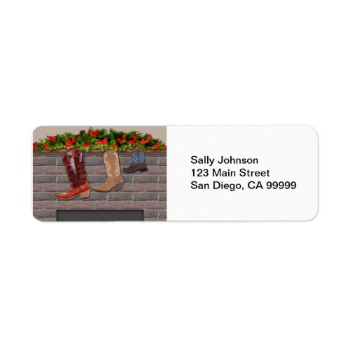 Cowboy Boot Stockings by the Fireplace Label