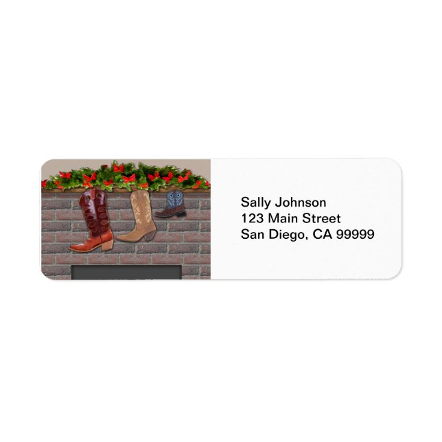 Cowboy Boot Stockings by the Fireplace Label (Front)