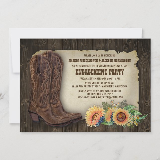 Cowboy Boot Sunflower Engagement Party Invitations (Front)