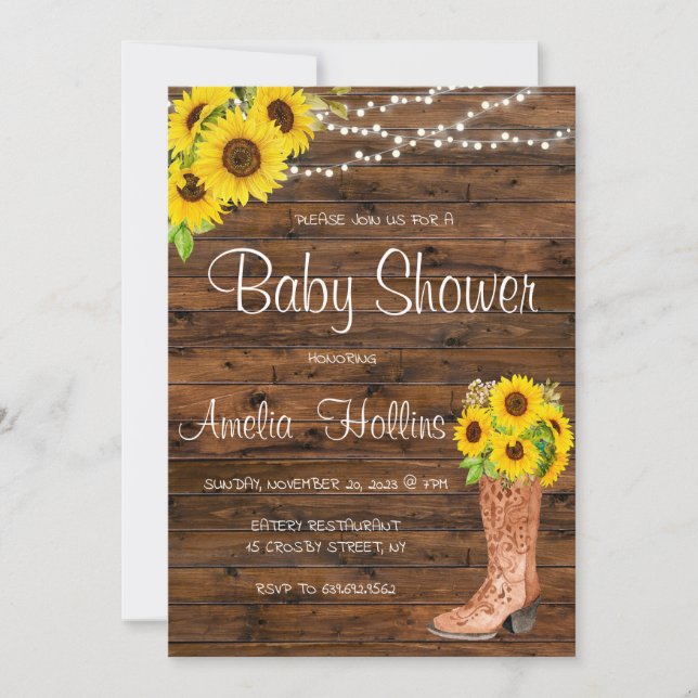 Cowboy Bootie Brown Wood Baby Shower Invitation (Front)