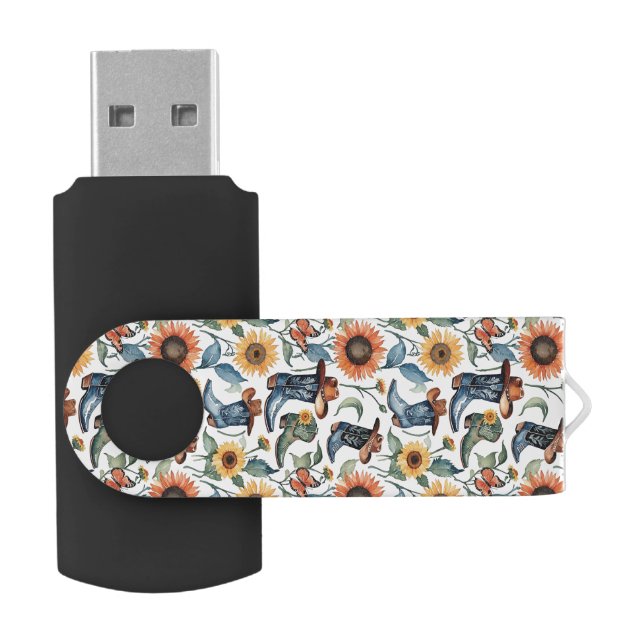 Cowboy Boots And Cowboy Hats With Sunflowers Flash Drive (Opened)