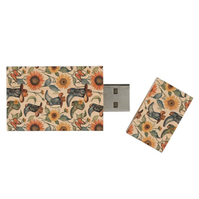 Cowboy Boots And Cowboy Hats With Sunflowers Wood Flash Drive (Opened)