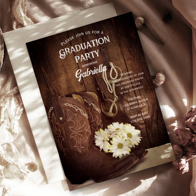Cowboy Boots and Daisies Western Graduation Party Invitation (Creator Uploaded)
