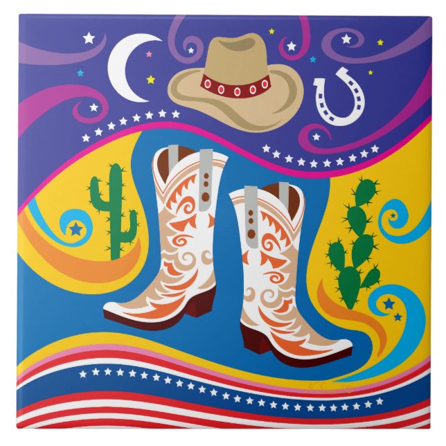 Cowboy Boots and Desert Stars Ceramic Tile (Front)