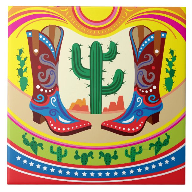 Cowboy Boots and Desert Sun Ceramic Tile (Front)
