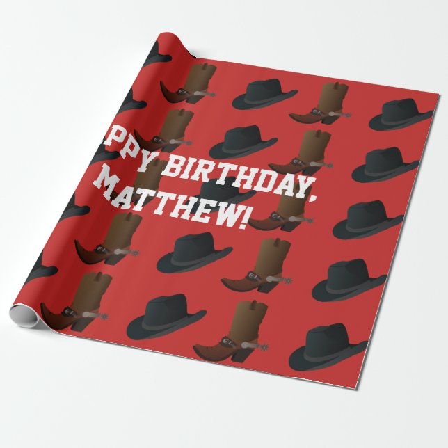 Cowboy Boots and Hat Birthday Wrapping Paper (Unrolled)