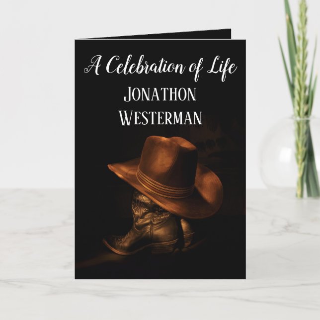 Cowboy Boots and Hat Celebration of Life Card (Front)