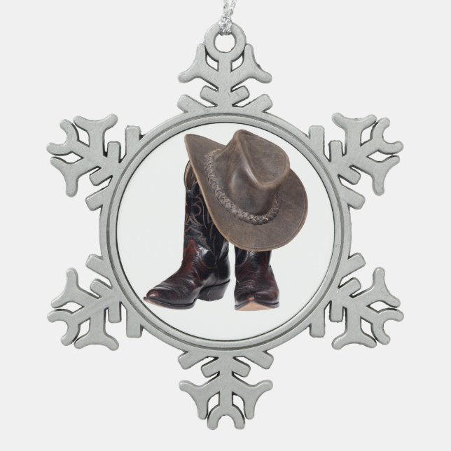 Cowboy Boots and Hat Snowflake Pewter Christmas Ornament (Front)