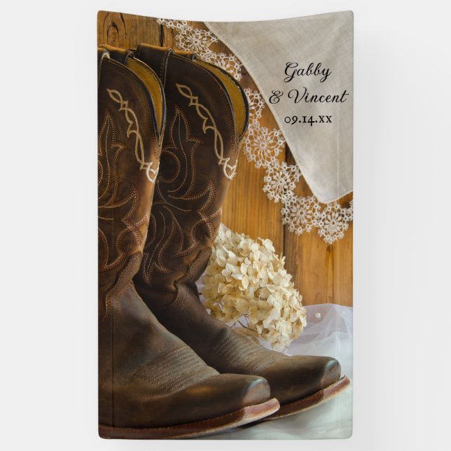Cowboy Boots and Lace Country Barn Wedding Banner (Vertical)