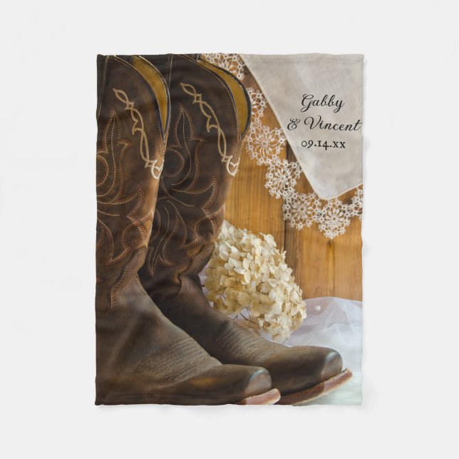 Cowboy Boots and Lace Country Barn Wedding Fleece Blanket (Front)
