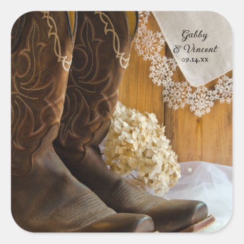 Cowboy Boots and Lace Country Barn Wedding Square Sticker