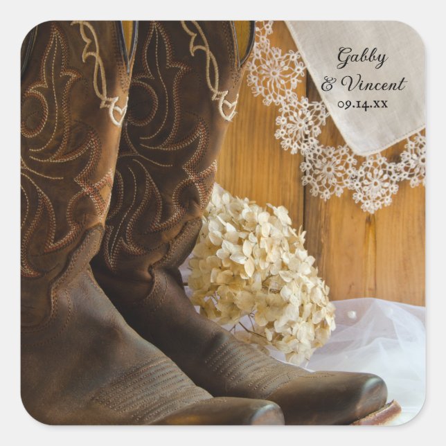 Cowboy Boots and Lace Country Barn Wedding Square Sticker (Front)