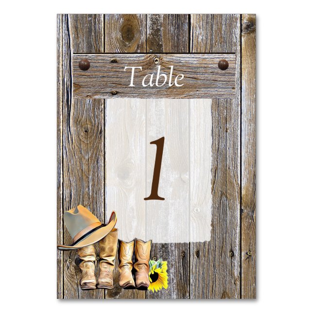  Cowboy Boots and Sunflowers Table Number Wedding (Front)