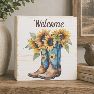 Cowboy Boots and Sunflowers Welcome  Wooden Box Sign
