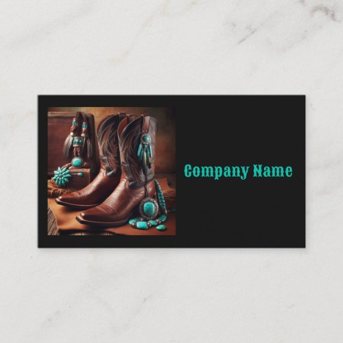 Cowboy Boots and Turquoise Jewelry Black Business Card