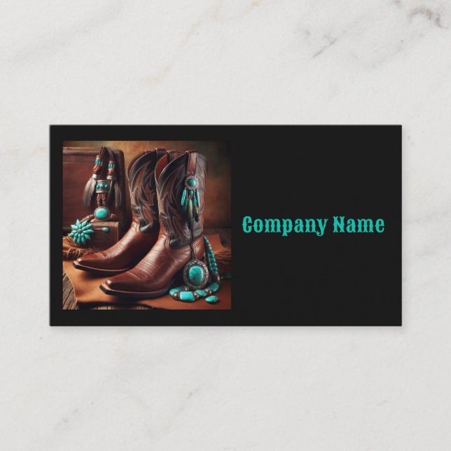 Cowboy Boots and Turquoise Jewelry (Black) Business Card (Front)