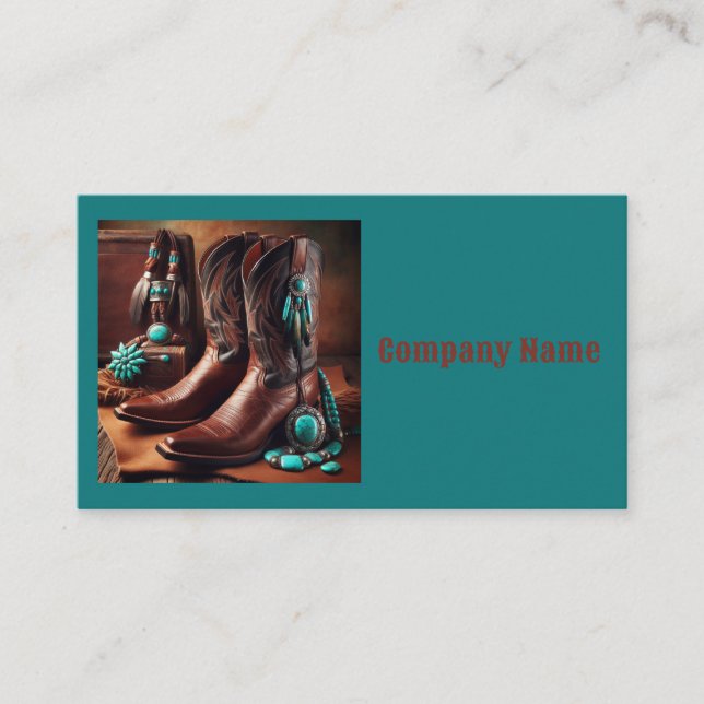Cowboy Boots and Turquoise Jewelry (Teal) Business Card (Front)