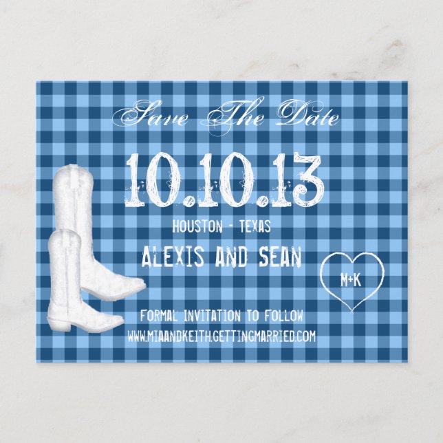 Cowboy Boots Blue Checkered Gingham Save The Date Announcement Postcard (Front)
