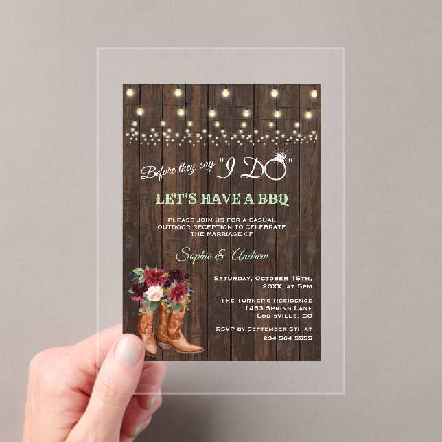 Cowboy Boots Burgundy Floral Before They Say BBQ Acrylic Invitations (Insitu (Handheld))