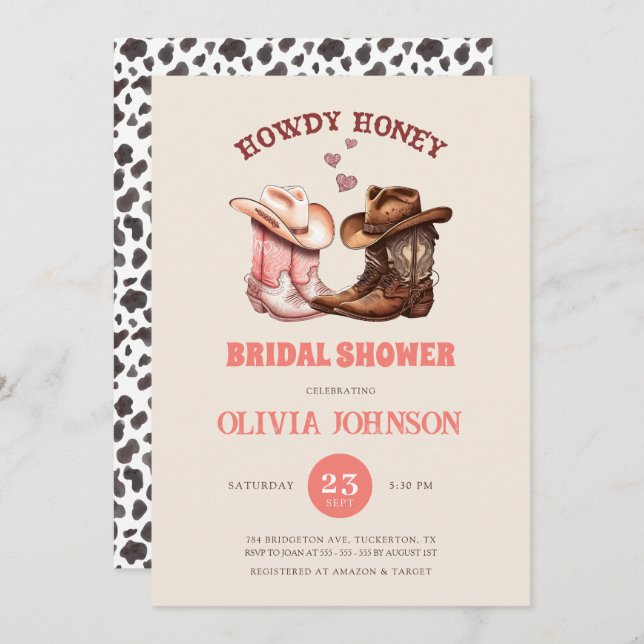 Cowboy Boots & Cow Print Western Bridal Shower Invitation (Front/Back)