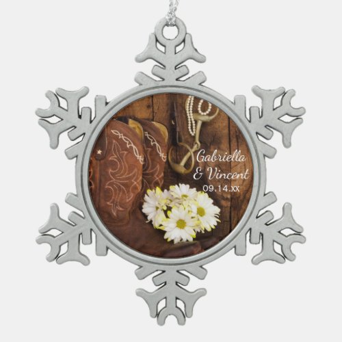 Cowboy Boots Daisies and Horse Bit Country Wedding Snowflake Pewter Christmas Ornament