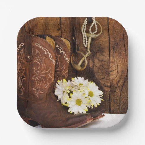 Cowboy Boots Daisies and Horse Bit Ranch Wedding Paper Plates