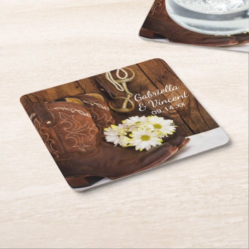 Cowboy Boots Daisies and Horse Bit Ranch Wedding Square Paper Coaster
