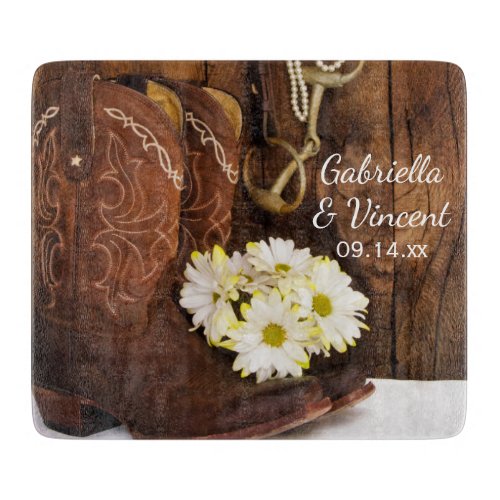 Cowboy Boots Daisies and Horse Bit Wedding Cutting Board