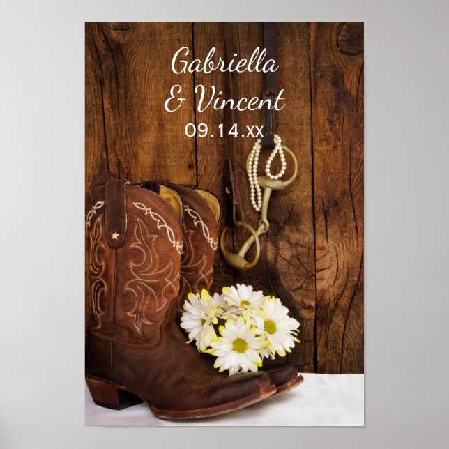 Cowboy Boots, Daisies and Horse Bit Wedding Poster (Front)