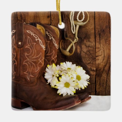 Cowboy Boots Daisies Horse Bit Country Wedding Ceramic Ornament