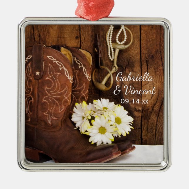 Cowboy Boots, Daisies Horse Bit Country Wedding Metal Ornament (Front)