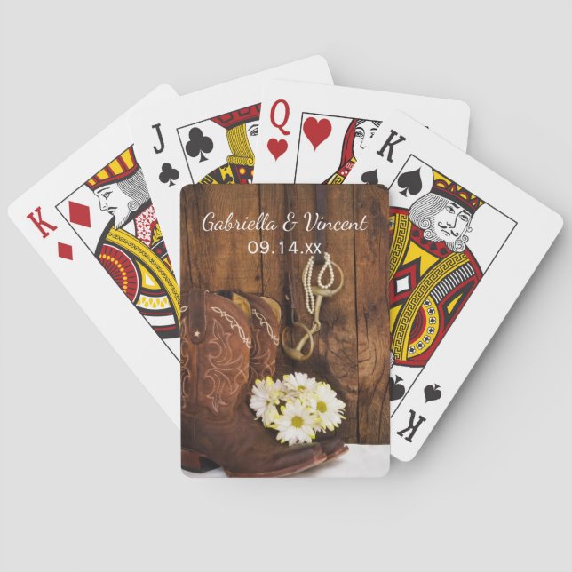 Cowboy Boots, Daisies, Horse Bit Country Wedding Poker Cards (Back)