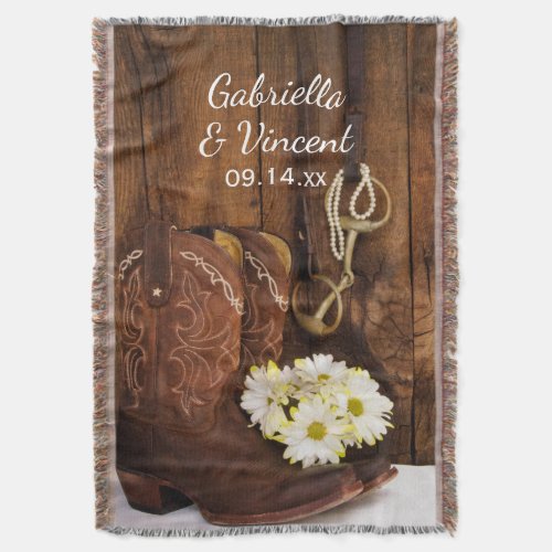 Cowboy Boots Daisies Horse Bit Country Wedding Throw Blanket