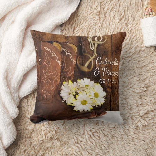 Cowboy Boots Daisies Horse Bit Country Wedding Throw Pillow