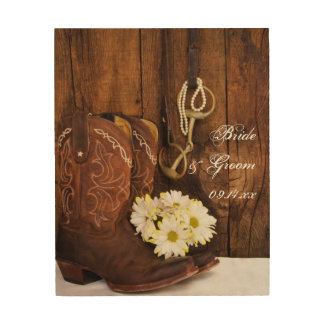 Cowboy Boots, Daisies, Horse Bit Country Wedding Wood Wall Art