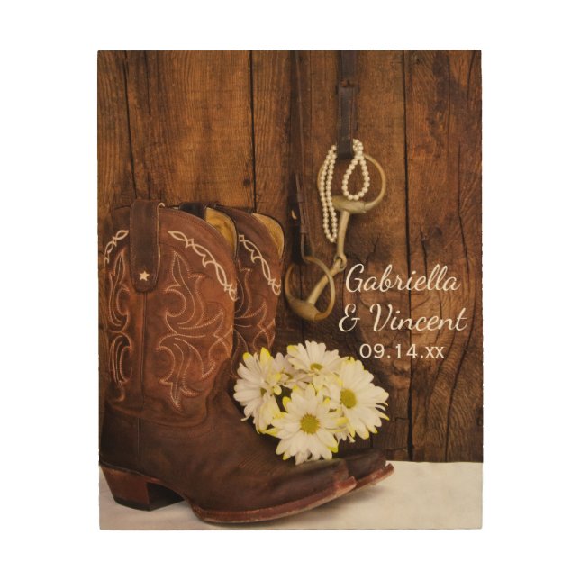 Cowboy Boots, Daisies, Horse Bit Country Wedding Wood Wall Decor (Front)