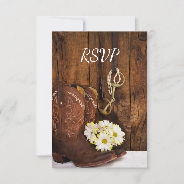 Cowboy Boots, Daisies, Horse Bit Wedding RSVP (Front)
