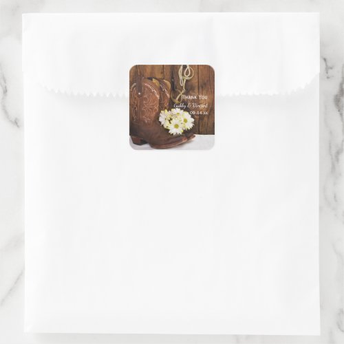 Cowboy Boots Daisies Horse Bit Wedding Thank You Square Sticker