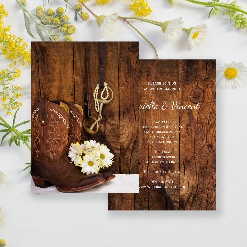 Cowboy Boots Daisies Horse Bit Western Wedding Invitation