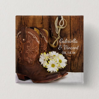 Cowboy Boots, Daisies Horse Bit Western Wedding Pinback Button