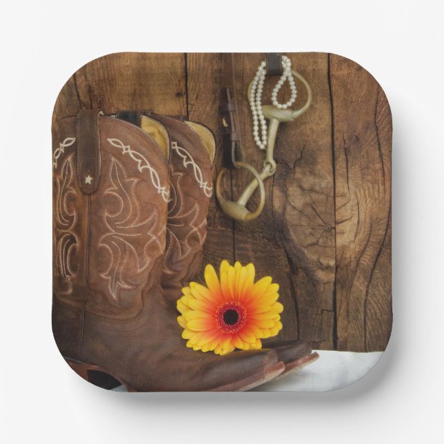 Cowboy Boots, Daisy and Horse Bit Western Paper Plates (Front)
