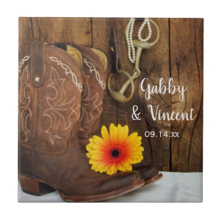 Cowboy Boots, Daisy and Horse Bit Western Wedding Ceramic Tile