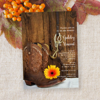 Cowboy Boots, Daisy and Horse Bit Western Wedding Invitation