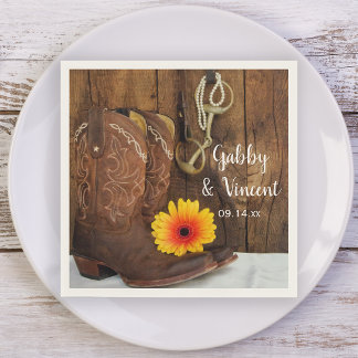 Cowboy Boots, Daisy and Horse Bit Western Wedding Paper Napkins